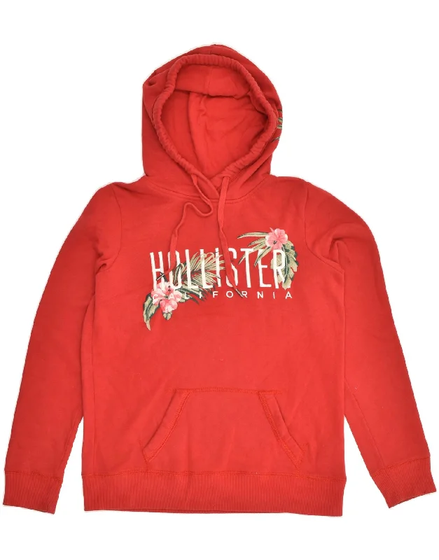 HOLLISTER Womens Graphic Hoodie Jumper UK 10 Small Red Cotton Hoodie with Contrast Stitching Detailed Premium