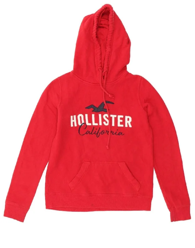 HOLLISTER Womens Graphic Hoodie Jumper UK 6 XS Red Cotton Hoodie with High Neck Warm Protective