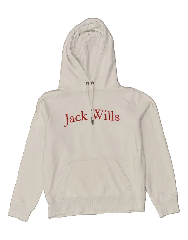 JACK WILLS Womens Graphic Hoodie Jumper UK 12 Medium White Cotton Hoodie with High-Low Hem Asymmetrical Trendy