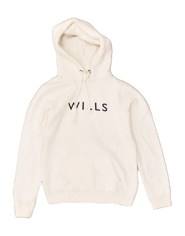 JACK WILLS Womens Graphic Hoodie Jumper UK 8 Small White Cotton Hoodie with Velcro Closure Adjustable Secure