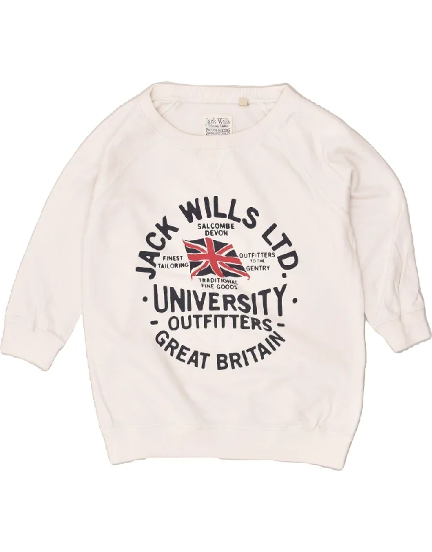 JACK WILLS Womens Graphic Sweatshirt Jumper UK 12 Medium Off White Cotton Hoodie with Ribbed Neckline Snug Warm