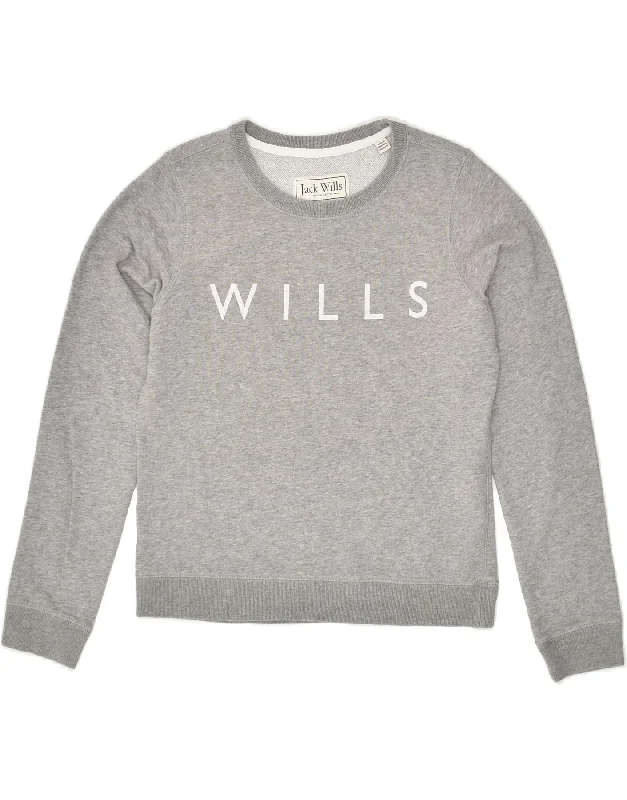 JACK WILLS Womens Graphic Sweatshirt Jumper UK 8 Small  Grey Cotton Hoodie with Double Zipper Versatile Adjustable