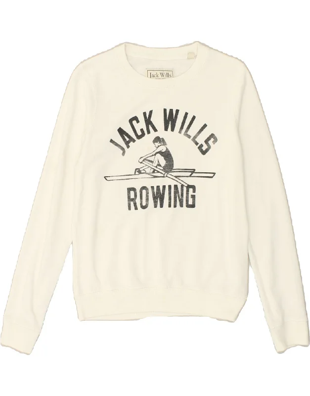 JACK WILLS Womens Graphic Sweatshirt Jumper UK 8 Small  White Cotton Hoodie with Mesh Breathable Sporty