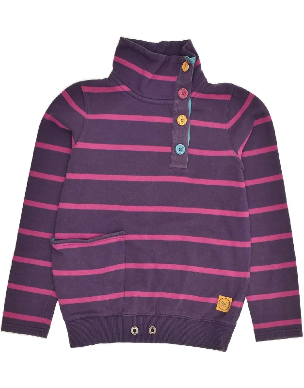 JOULES Womens Button Neck Sweatshirt Jumper UK 10 Small Purple Striped Hoodie with Longline Fit Extended Stylish