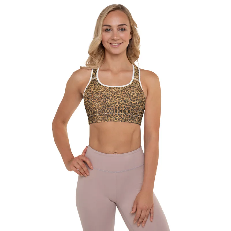 Leopard Padded Sports Bra, Brown Cute Animal Print Women's Fitness Bra-Made in USA/EU Breathable Full Coverage