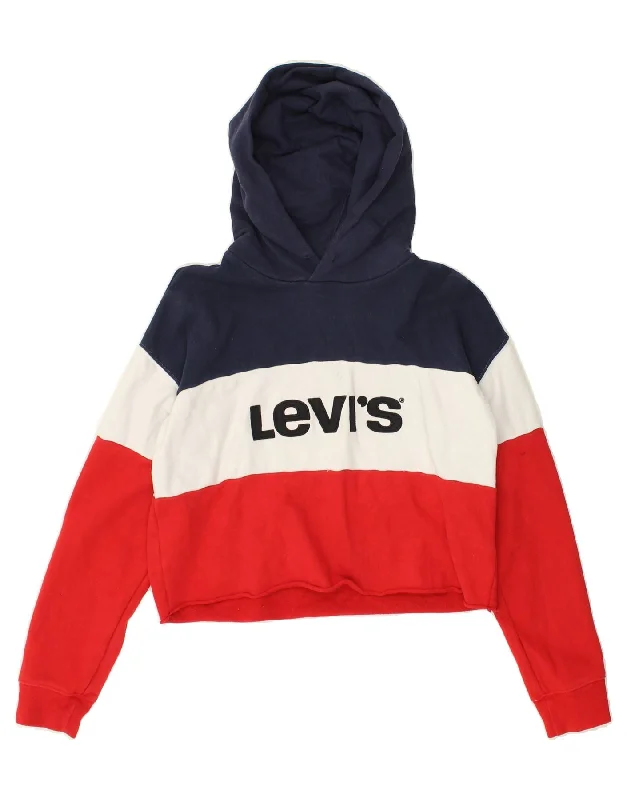 LEVI'S Womens Crop Graphic Hoodie Jumper UK 10 Small Red Colourblock Hoodie with Front Slit Layering Stylish