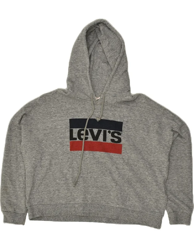 LEVI'S Womens Graphic Hoodie Jumper UK 16 Large Grey Cotton Hoodie with Snap Buttons Easy Quick