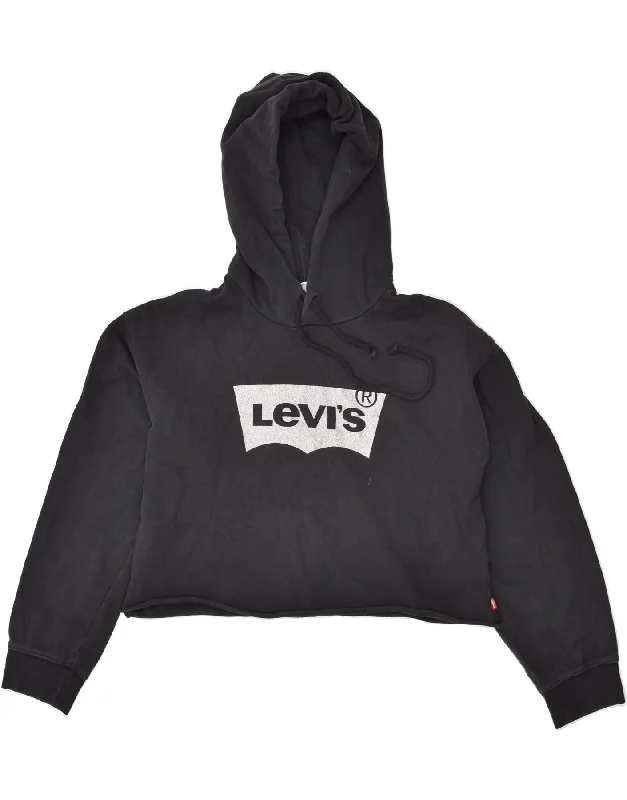 LEVI'S Womens Graphic Hoodie Jumper UK 6 XS Black Cotton Hoodie with Back Slit Movement Comfort