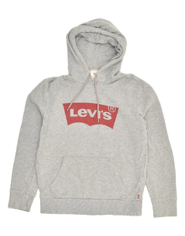 LEVI'S Womens Graphic Hoodie Jumper UK 8 Small Grey Cotton Hoodie with Fur Luxurious Winter