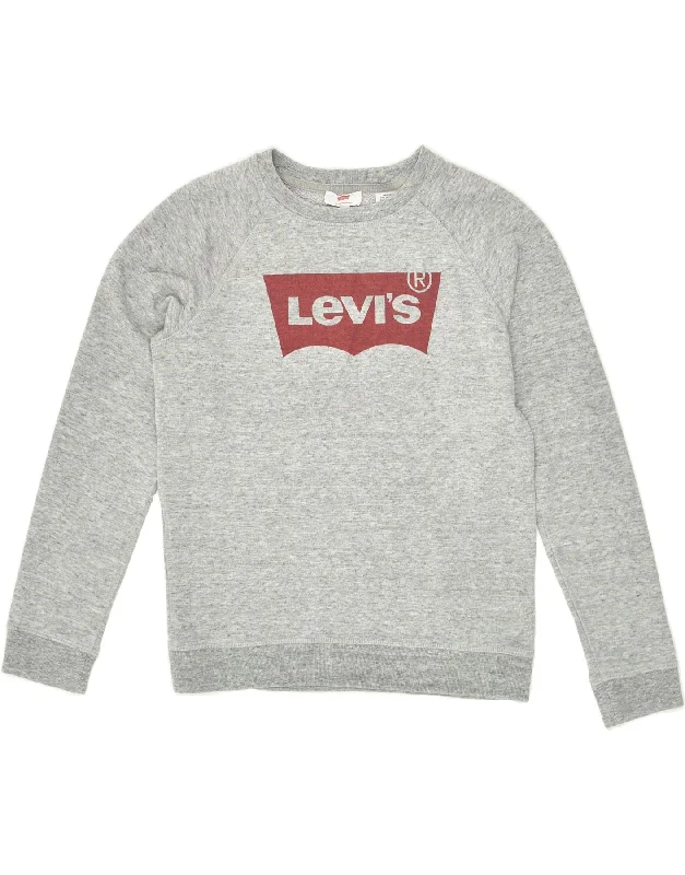 LEVI'S Womens Graphic Sweatshirt Jumper UK 10 Small Grey Flecked Cotton Hoodie with Rhinestones Sparkly Elegant