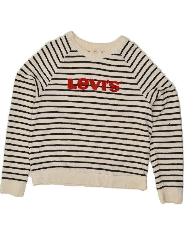 LEVI'S Womens Graphic Sweatshirt Jumper UK 16 Large Off White Striped Hoodie with Hem Applique Textured Unique