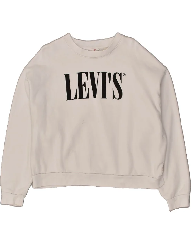 LEVI'S Womens Graphic Sweatshirt Jumper UK 16 Large White Cotton Hoodie with Magnetic Closure Innovative Modern