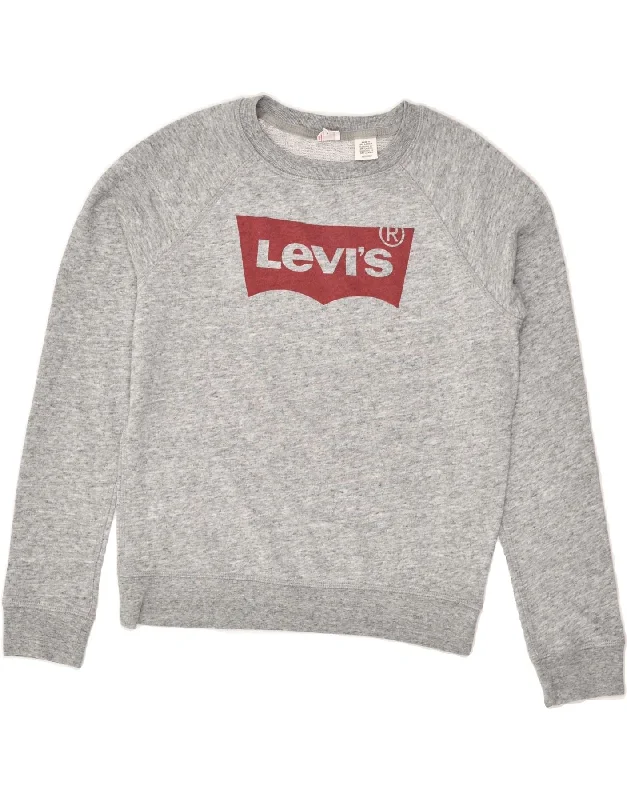 LEVI'S Womens Graphic Sweatshirt Jumper UK 6 XS Grey Cotton Hoodie with Cuffed Sleeves Snug Secure