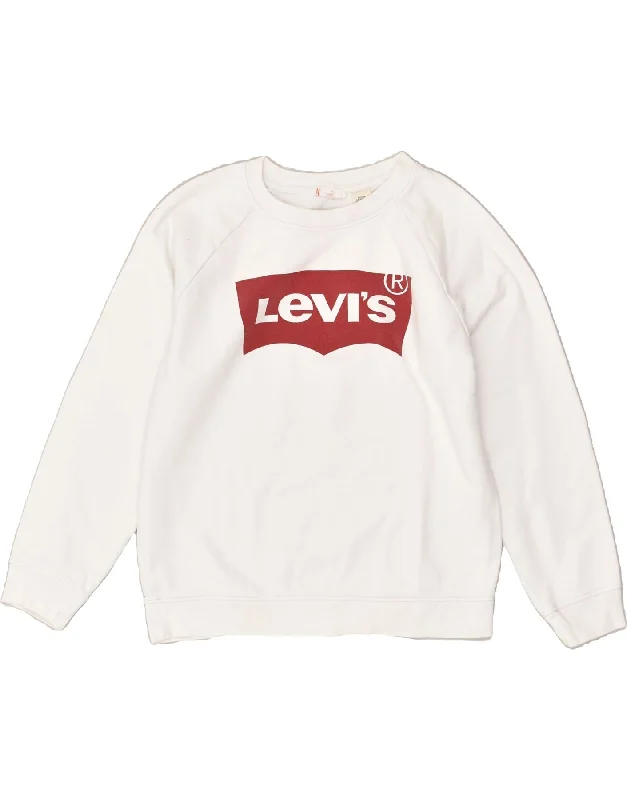 LEVI'S Womens Graphic Sweatshirt Jumper UK 8 Small White Cotton Hoodie with Button Placket Classic Preppy