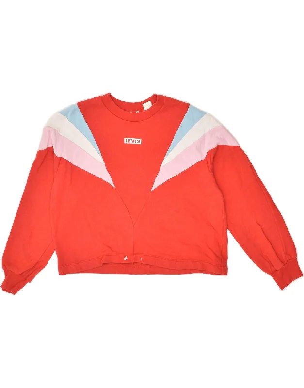 LEVI'S Womens Oversized Crop Sweatshirt Jumper UK 2 2XS Red Striped Cotton Hoodie with Embroidery Detailed Premium