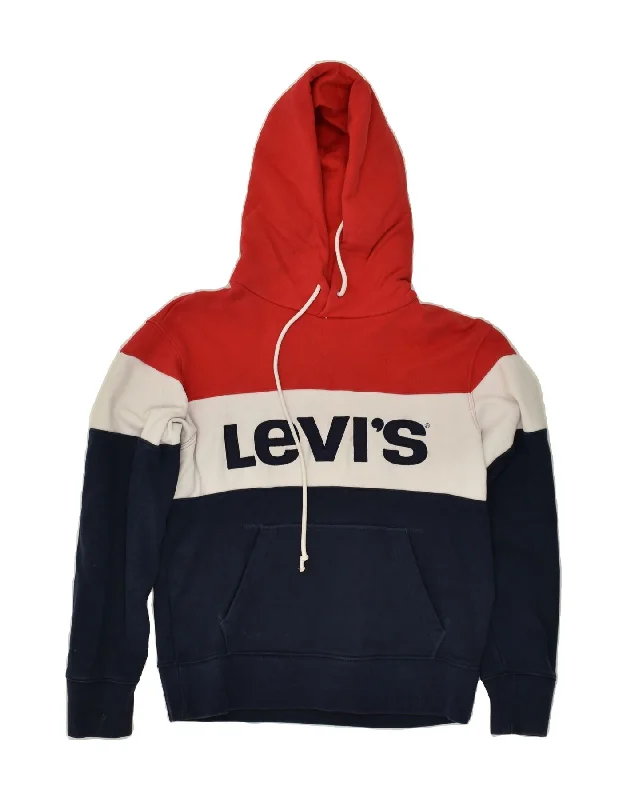 LEVI'S Womens Oversized Graphic Hoodie Jumper UK 6 XS Navy Blue Striped Hoodie with Pastel Soft Subtle