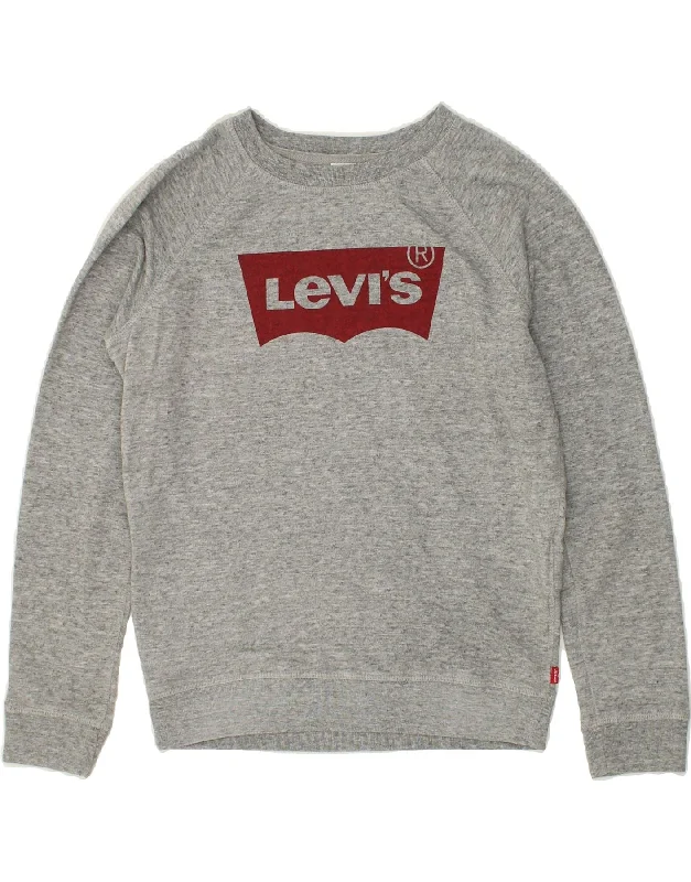 LEVI'S Womens Oversized Graphic Sweatshirt Jumper UK 10 Small Grey Cotton Hoodie with Zipper Placket Modern Functional