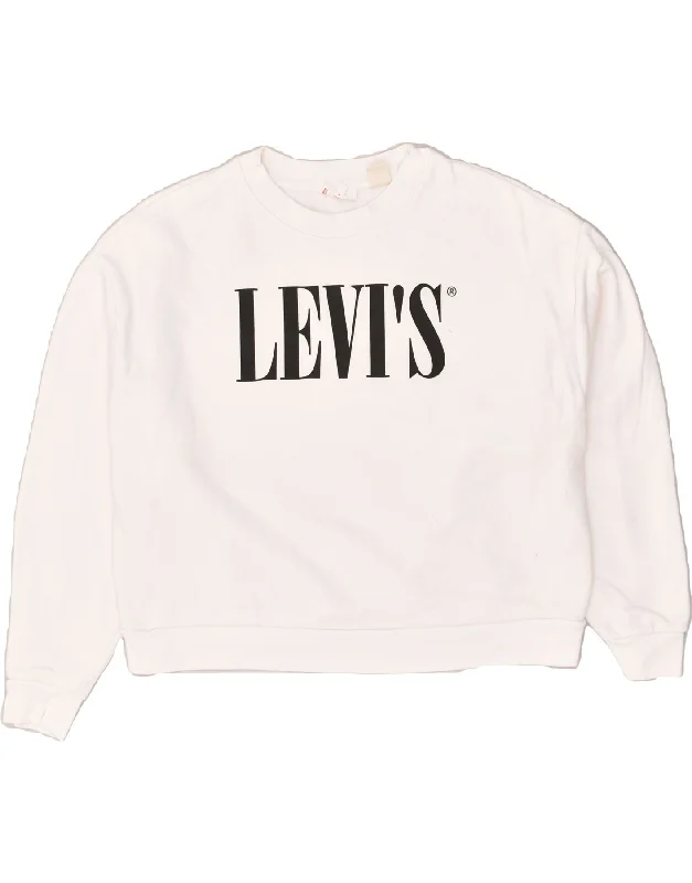 LEVI'S Womens Oversized Graphic Sweatshirt Jumper UK 14 Medium White Hoodie with Hem Frayed Vintage Worn