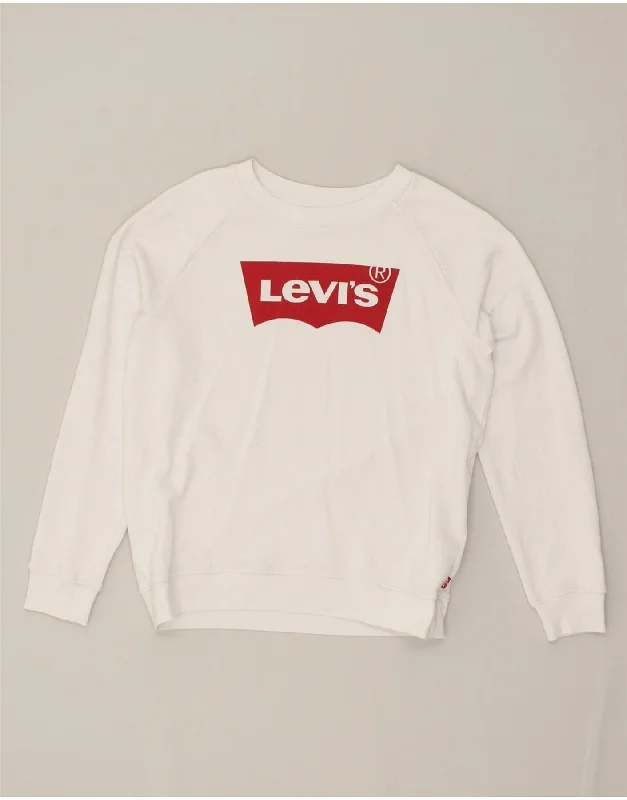 LEVI'S Womens Oversized Graphic Sweatshirt Jumper UK 6 XS Off White Cotton Hoodie with Pocket Utility Practical