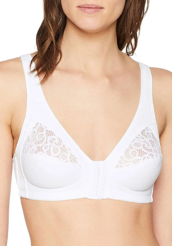 Naturana Non-Padded Front Fastening Bra, White Sporty Wireless Bra