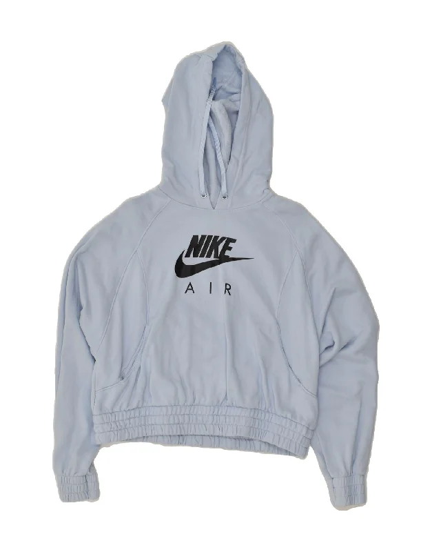 NIKE Womens Crop Graphic Hoodie Jumper UK 12 Medium Blue Cotton Hoodie with Hem Raw Edge Edgy Unfinished