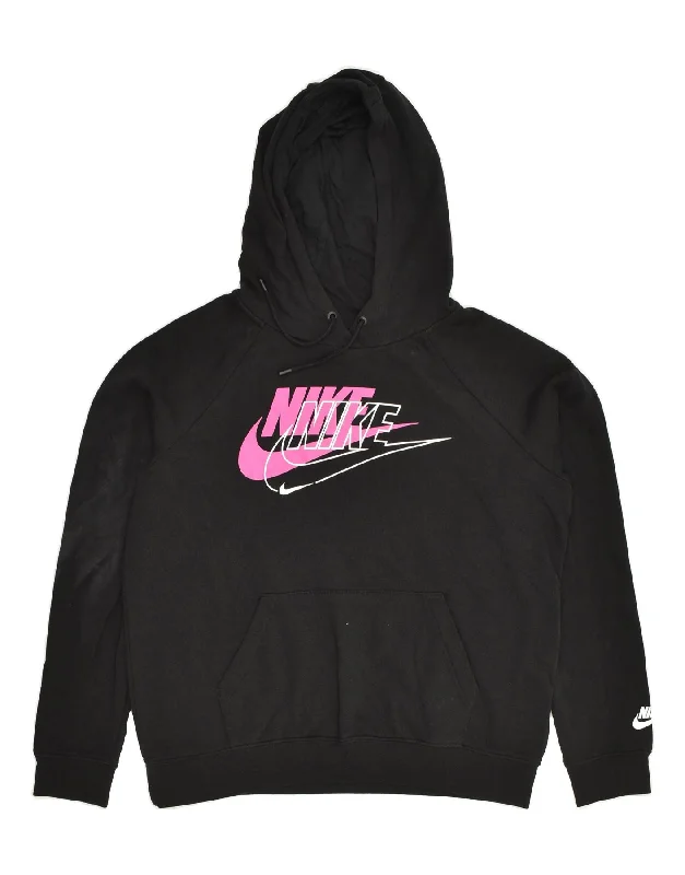 NIKE Womens Graphic Hoodie Jumper UK 10 Small Black Cotton Hoodie with High-Low Hem Asymmetrical Trendy