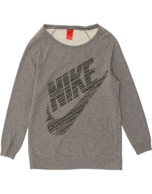 NIKE Womens Graphic Sweatshirt Jumper UK 10 Small Grey Cotton Hoodie with Logo Branding Identity