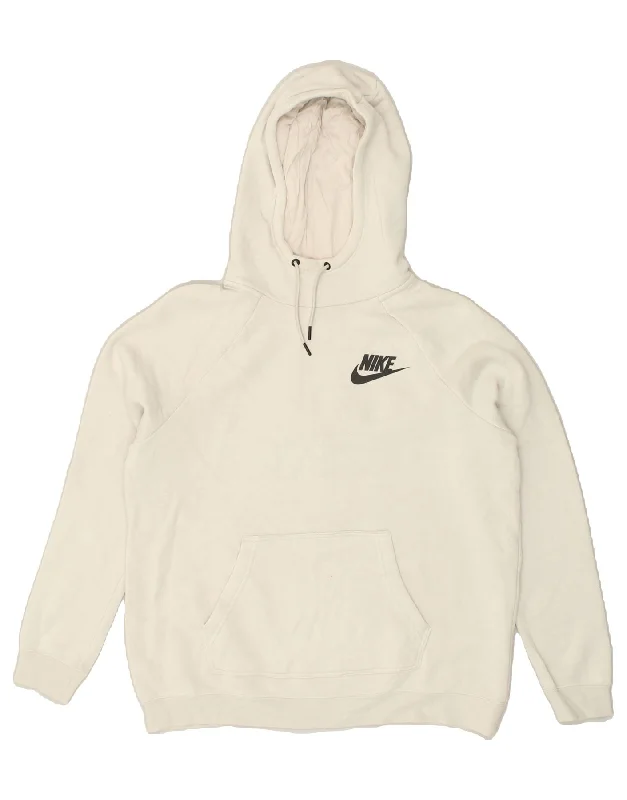 NIKE Womens Hoodie Jumper UK 16 Large Off White Cotton Hoodie with Metallic Shiny Futuristic