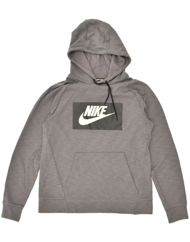 NIKE Womens Loose Fit Graphic Hoodie Jumper UK 14 Medium Grey Cotton Oversized Hoodie Comfort Casual