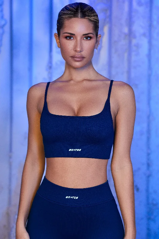 Strappy Sports Bra in Navy Lace-Trimmed Bra