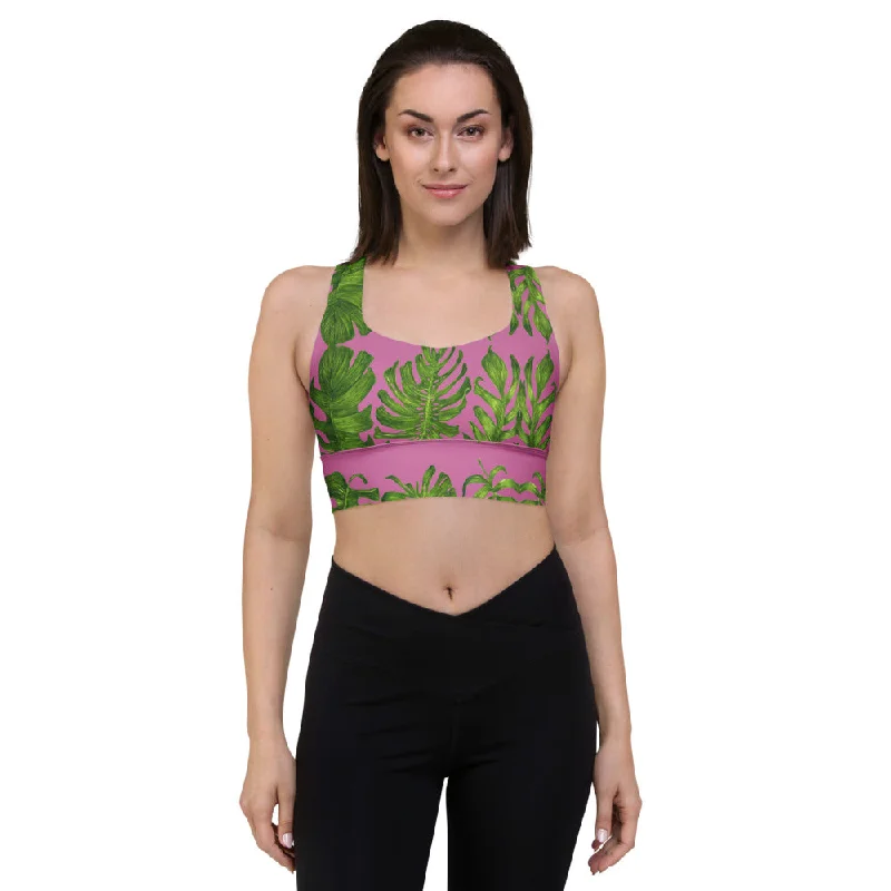 Pink Tropical Leaves Sports Bra, Best Longline Sports Bra For Women-Made in USA/EU/MX (US Size: XS-3XL) Feminine Lace Bra