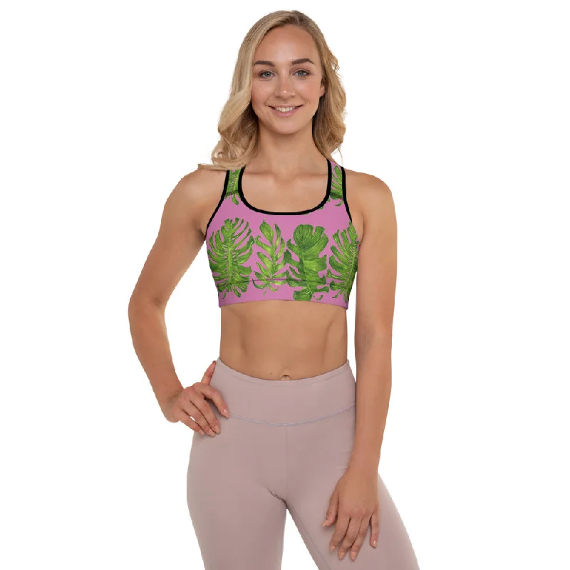 Pink Tropical Leaves Sports Bra, Best Women's Fitness Workout Bra-Made in USA/EU (US Size: XS-2XL) Adjustable Comfort Bra