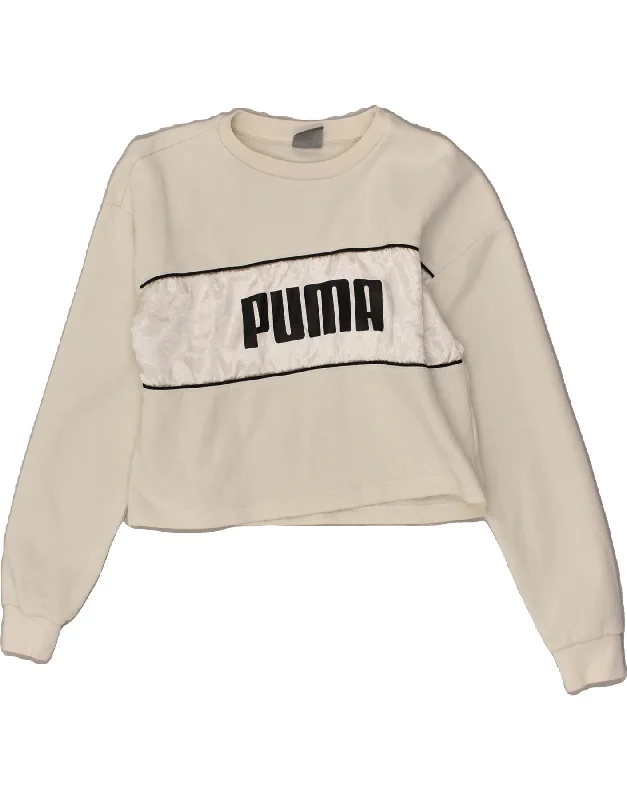 PUMA Womens Graphic Crop Sweatshirt Jumper UK 12 Medium Off White Cotton Hoodie with Elastic Waist Stretchable Comfortable