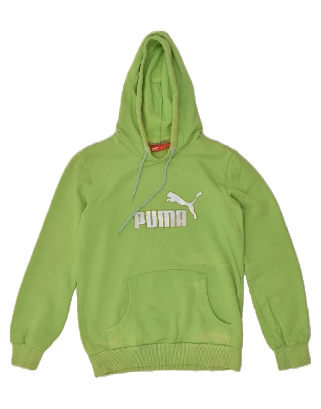 PUMA Womens Graphic Hoodie Jumper UK 10 Small Green Hoodie with Hem Fringe Bohemian Relaxed