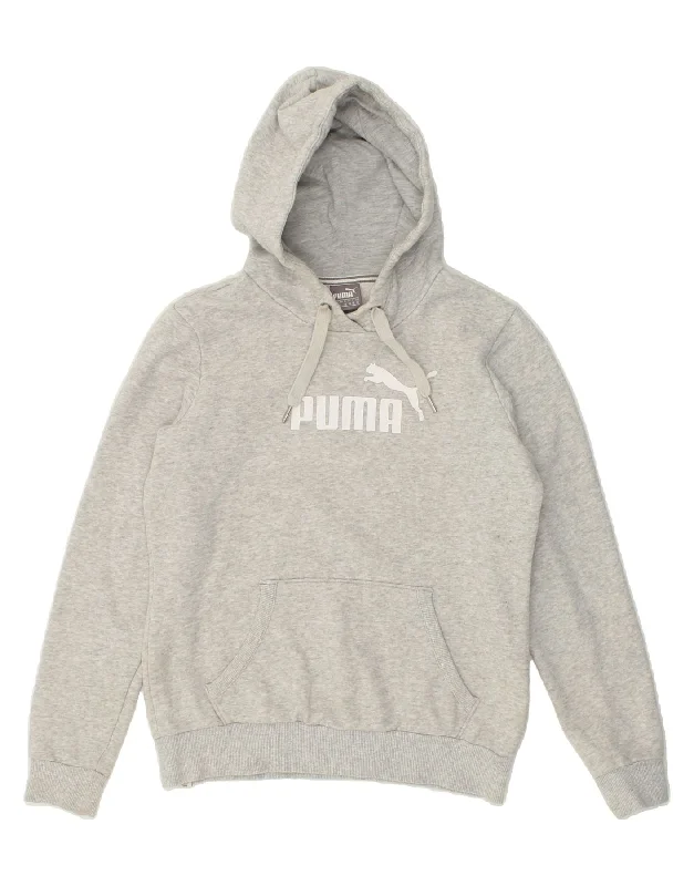 PUMA Womens Graphic Hoodie Jumper UK 10 Small  Grey Hoodie with Hem Embroidery Detailed Premium