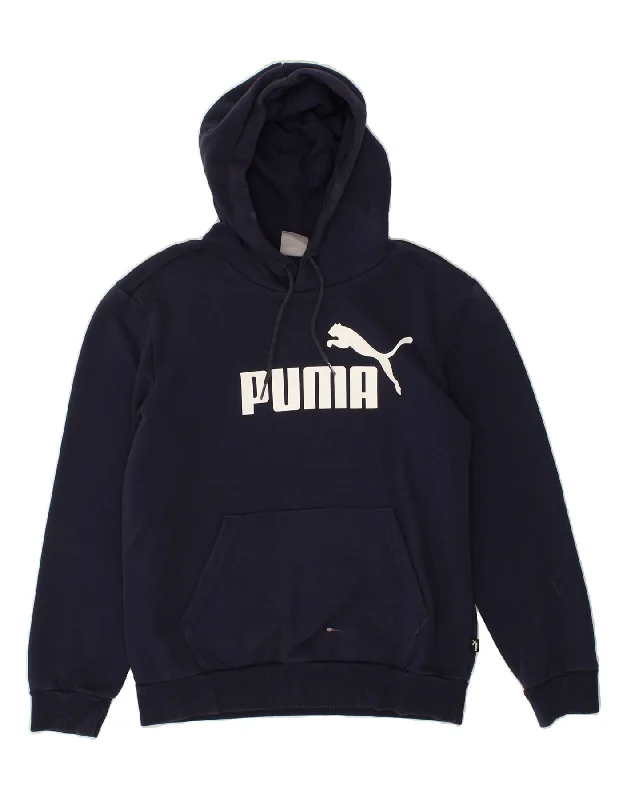 PUMA Womens Graphic Hoodie Jumper UK 6 XS Navy Blue Cotton Hoodie with Hem Fringe Bohemian Relaxed