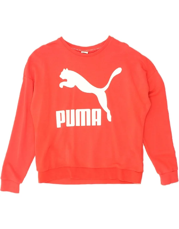 PUMA Womens Graphic Sweatshirt Jumper UK 10 Small Red Cotton Hoodie with Exposed Zipper Edgy Industrial