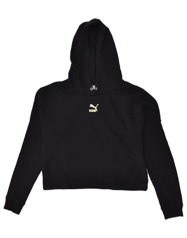 PUMA Womens Hoodie Jumper UK 10 Small Black Cotton Hoodie with Hem Embroidery Detailed Premium