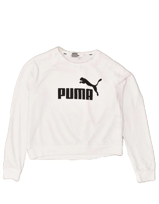 PUMA Womens Oversized Graphic Sweatshirt Jumper UK 14 Medium White Cotton Hoodie with Cuffed Sleeves Snug Secure