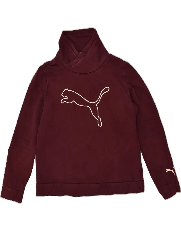 PUMA Womens Shawl Neck Sweatshirt Jumper UK 14 Medium Burgundy Cotton Hoodie with Hem Applique Textured Unique