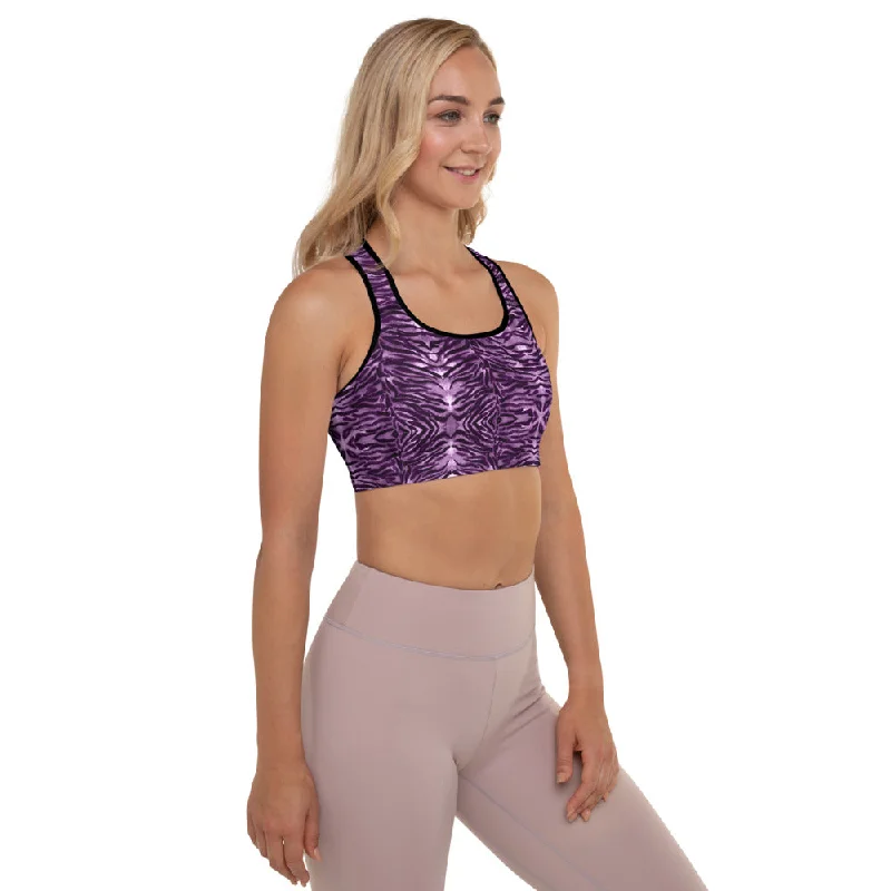 Purple Tiger Padded Sports Bra, Pink Animal Print Women's Padded Bra-Made in USA/EU/MX High Support Bra