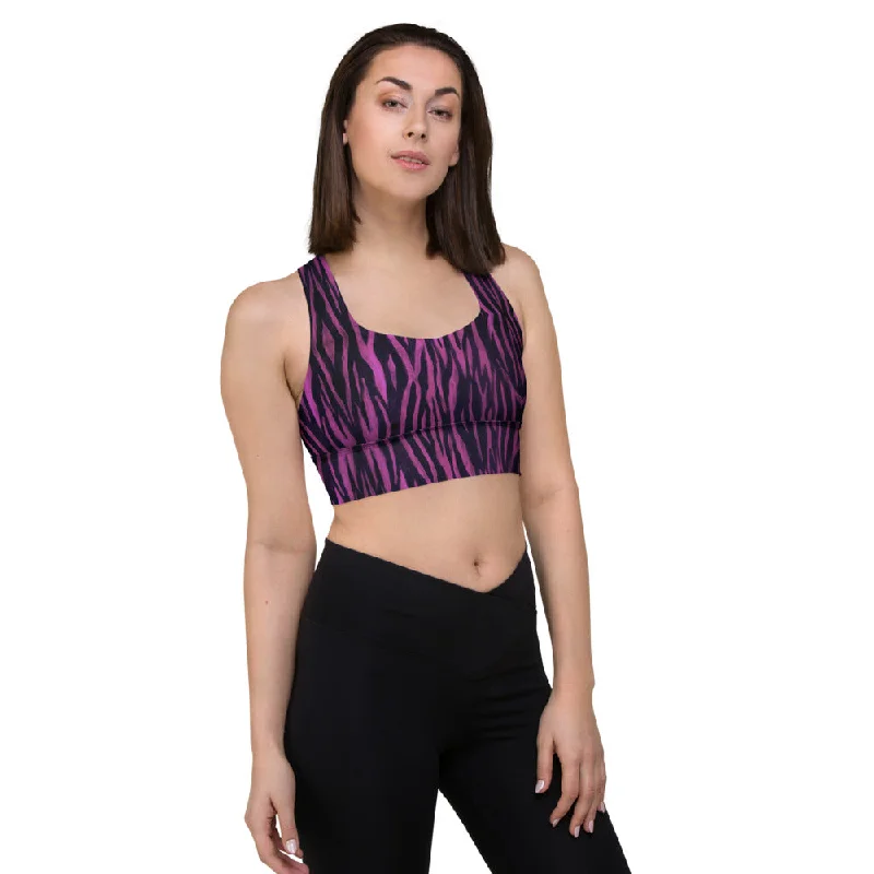 Purple Tiger Striped Sports Bra, Longline Gym Exercise Padded Sports Bra For Women-Made in USA/EU/MX Comfortable Lace Bra