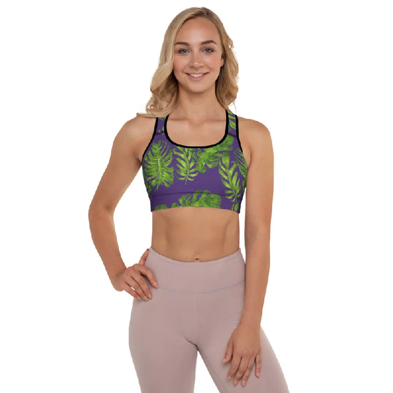 Purple Tropical Padded Sports Bra, Hawaiian Style Leaves Print Workout Bra-Made in USA/EU/MX Full Coverage Bra