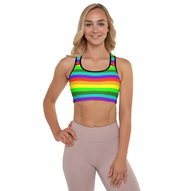 Rainbow Horizontal Stripe Sports Bra, Women's Padded Gym Fitness Sports Bra-Made in USA/EU Sexy Mesh Bralette