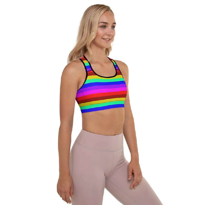 Gay Pride Rainbow Sports Bra, Horizontal Stripe Women's Padded Bra-Made in USA/EU Wireless Push-Up Bra