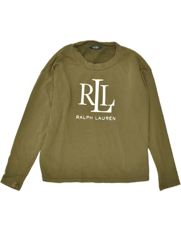 RALPH LAUREN Womens Graphic Sweatshirt Jumper UK 10 Small Green Cotton Hoodie with Hem Detail Decorative Unique