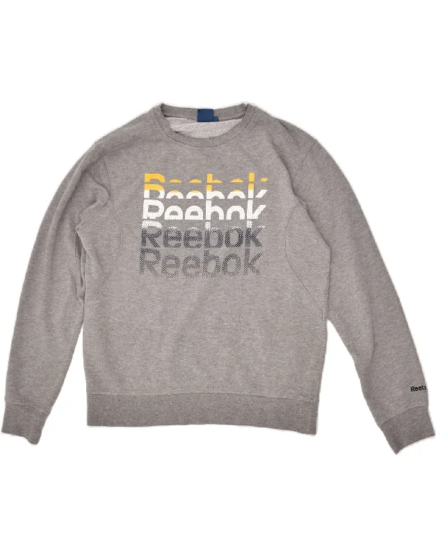 REEBOK Womens Graphic Sweatshirt Jumper UK 10 Small Grey Cotton Hoodie with Metallic Shiny Futuristic