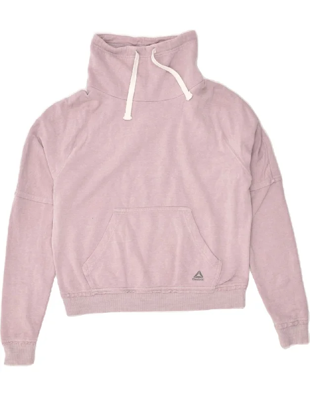 REEBOK Womens Roll Neck Sweatshirt Jumper UK 10 Small Pink Cotton Hoodie with Button Classic Timeless