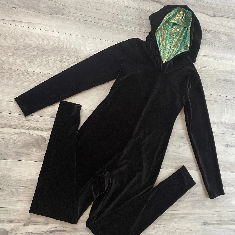 SALE - Hooded Catsuit in Black Velvet and Jade Shattered Glass Hoodie with Fur Luxurious Winter