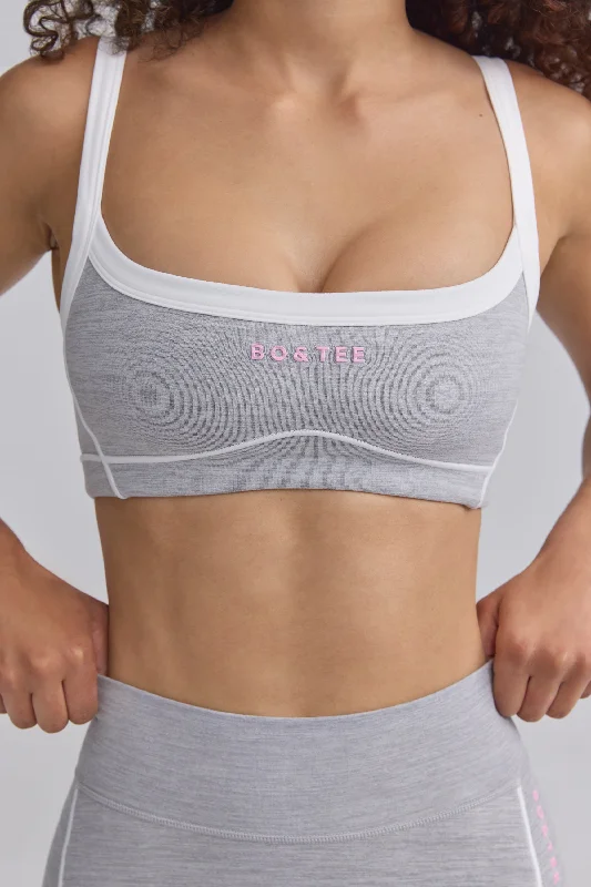 Soft Active Contrast-Trim Sports Bra in Ice Grey Adjustable Back Bra